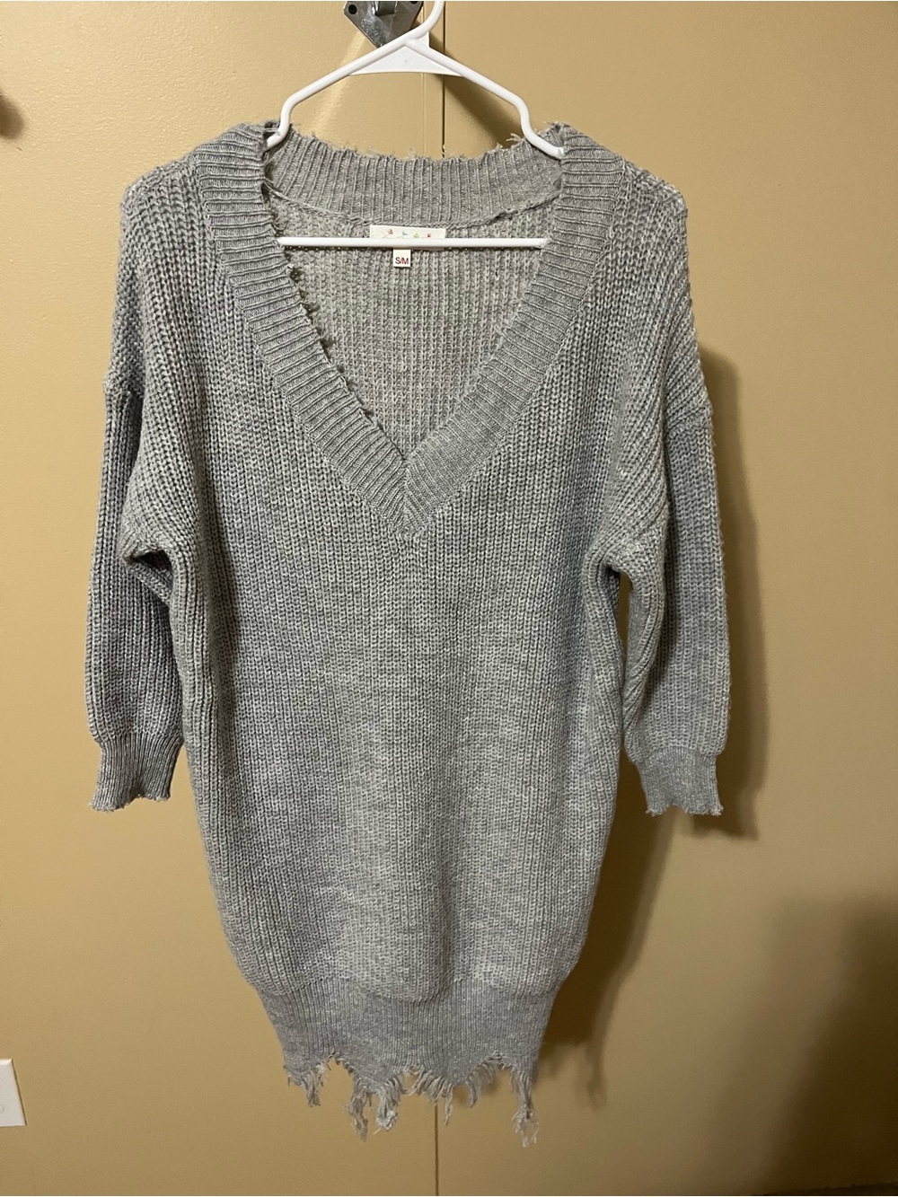 Distressed Light Gray V-Neck Knit Sweater Dress